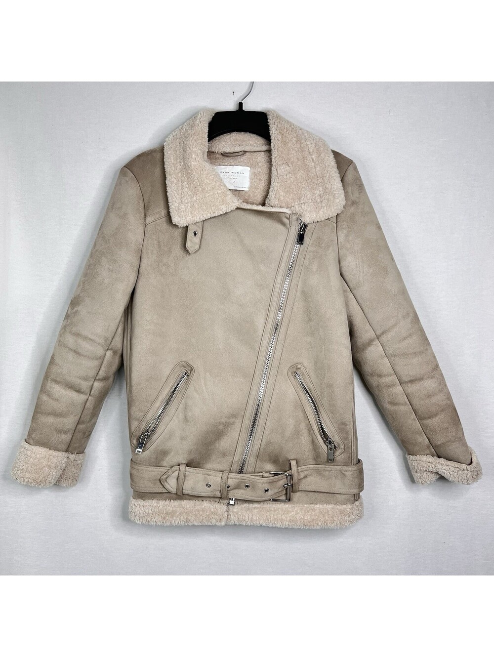 Zara Women’s XS  Tan Beige Faux Leather Shearling Biker Moto Jacket